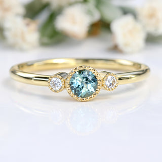 Custom 18ct Gold Petite Teal Sapphire & Diamond Trilogy Engagement Ring
