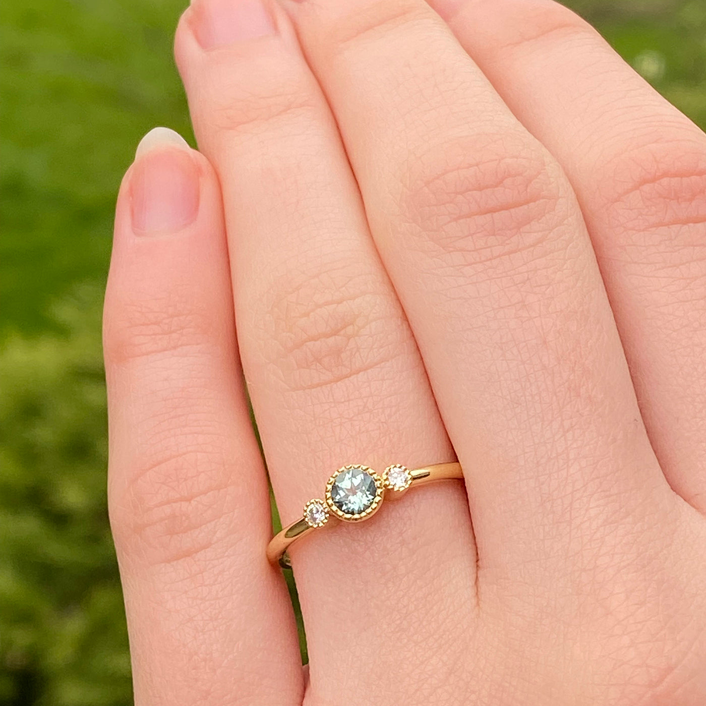 18ct Gold Petite Teal Sapphire & Diamond Trilogy Engagement Ring (Size L, Resize J - L 1/2)