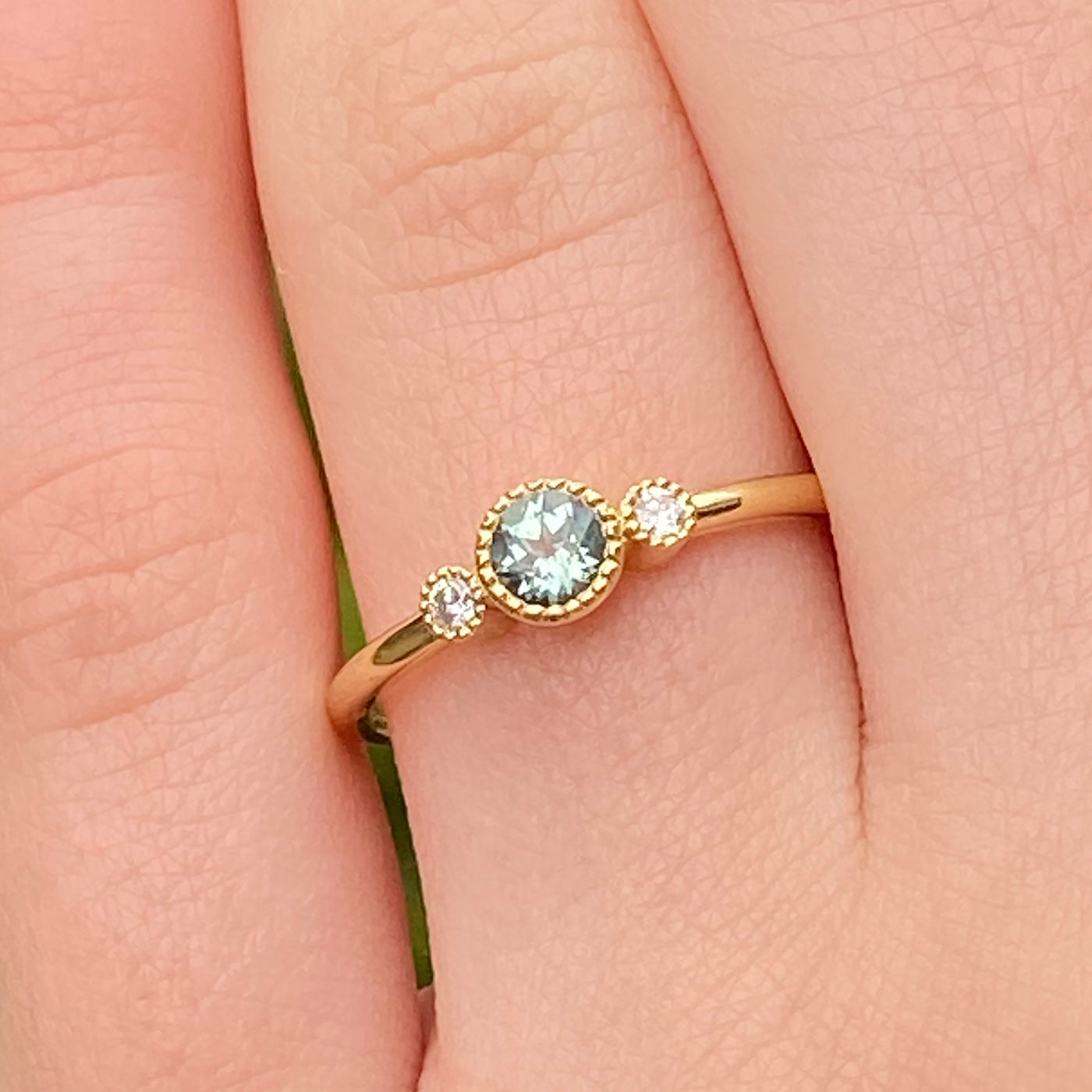 18ct Gold Petite Teal Sapphire & Diamond Trilogy Engagement Ring (Size L, Resize J - L 1/2)