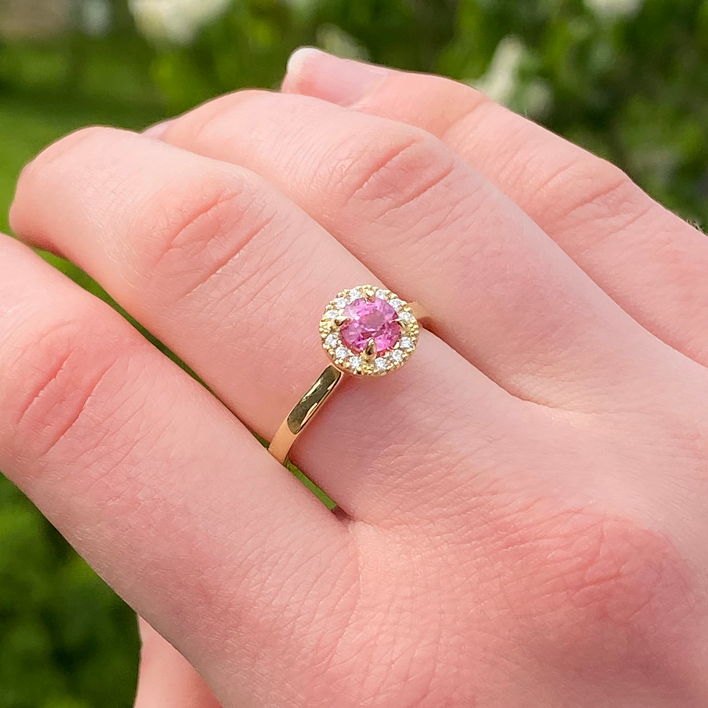 18ct Gold Pink Sapphire & Diamond Halo Engagement Ring