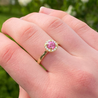 Custom 18ct Gold Pink Sapphire & Diamond Halo Engagement Ring