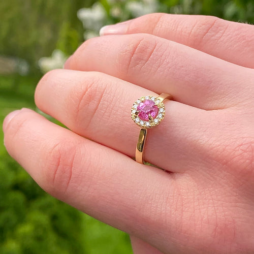 18K White Gold Oval Rubellite Pink Sapphire and Round Diamond Halo Ring