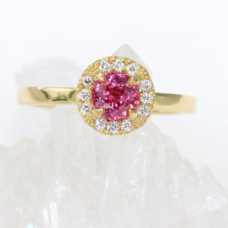 Custom 18ct Gold Pink Sapphire & Diamond Halo Engagement Ring