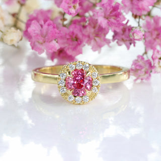 Custom 18ct Gold Pink Sapphire & Diamond Halo Engagement Ring
