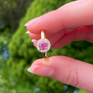 Custom 18ct Gold Pink Sapphire & Diamond Halo Engagement Ring