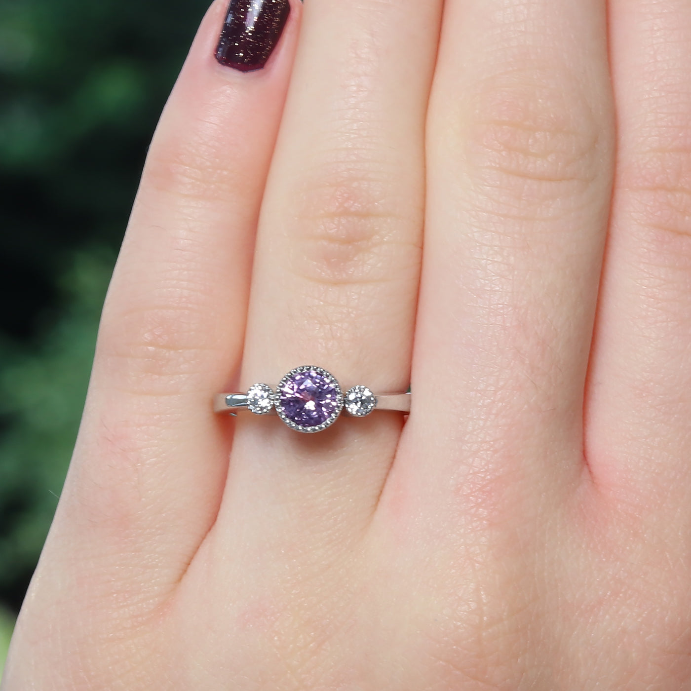 Platinum Purple Sapphire and Diamond Trilogy Engagement Ring