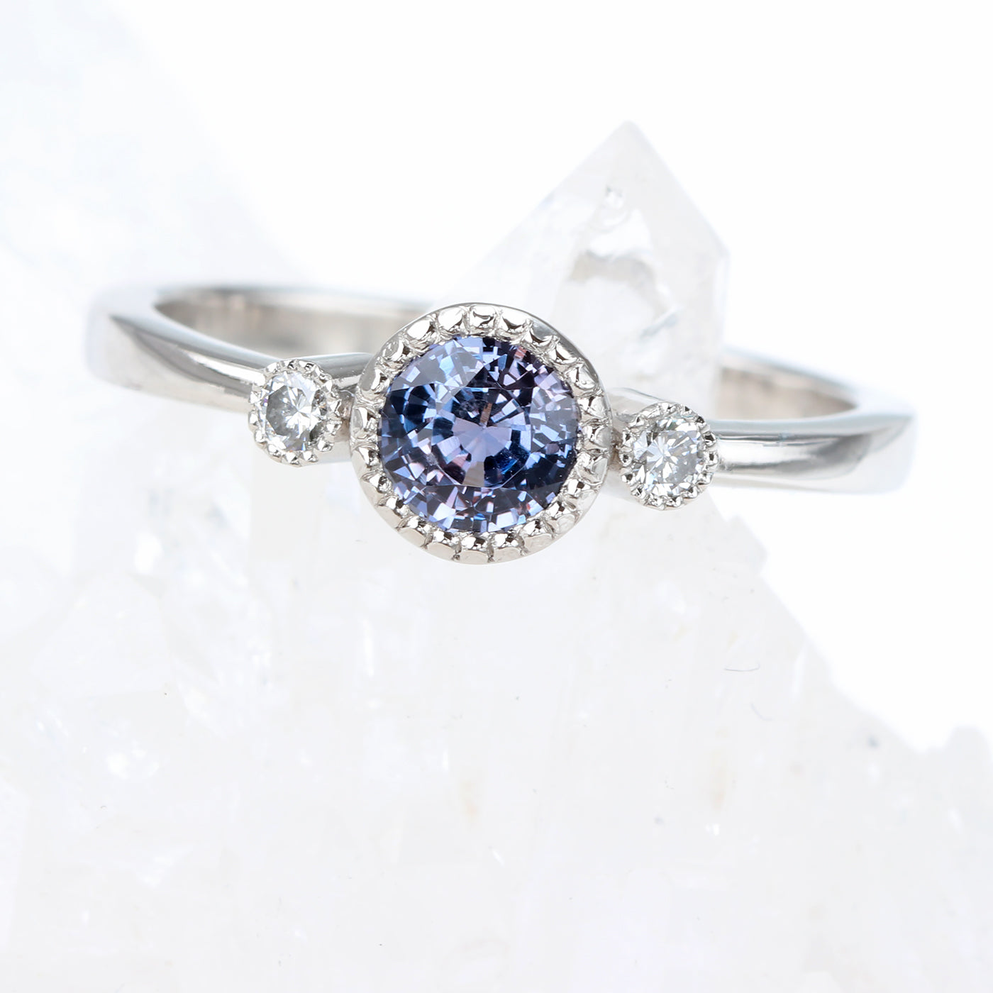 Platinum Purple Sapphire & Diamond Milgrain Engraved Trilogy Engagement Ring