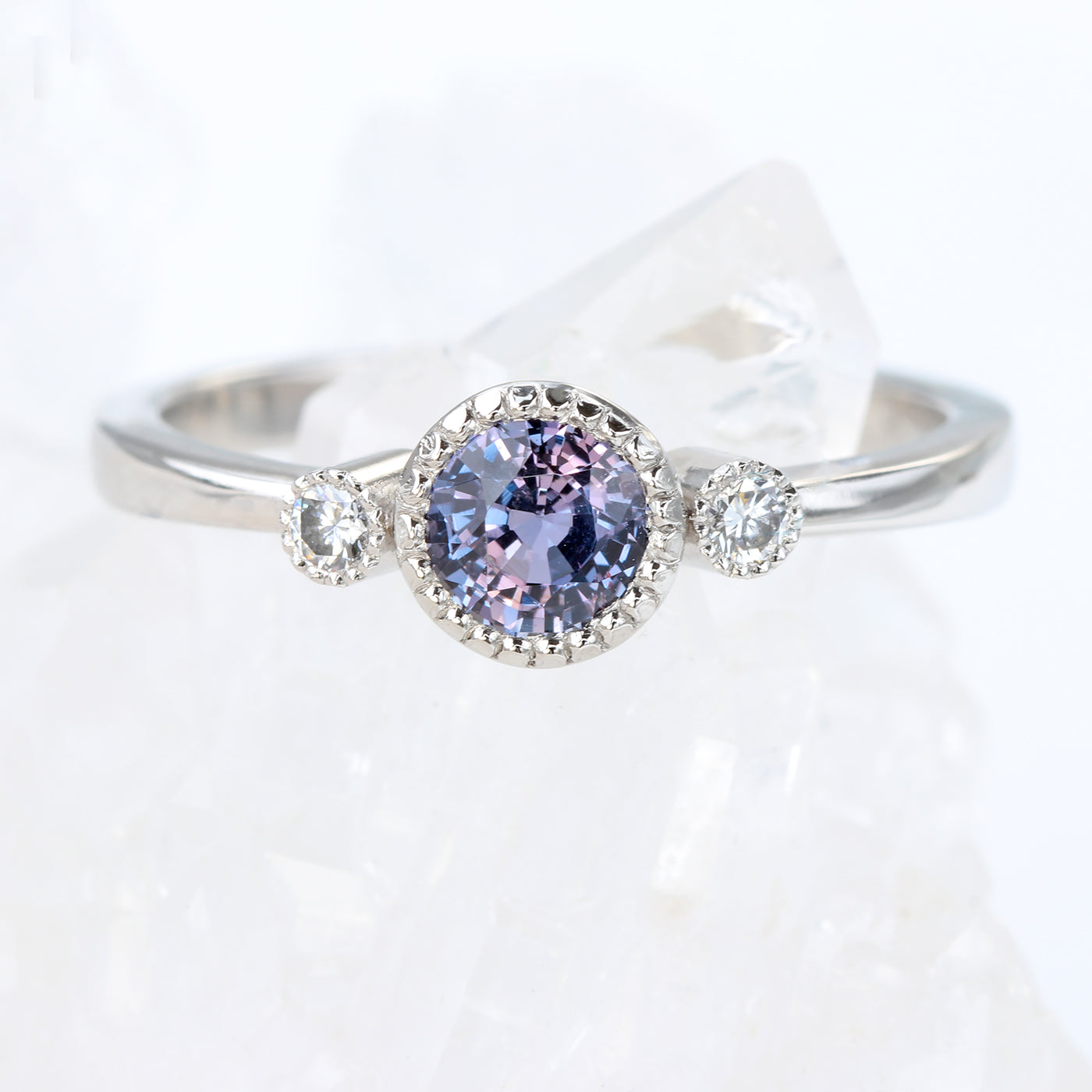 Platinum Purple Sapphire & Diamond Milgrain Engraved Trilogy Engagement Ring