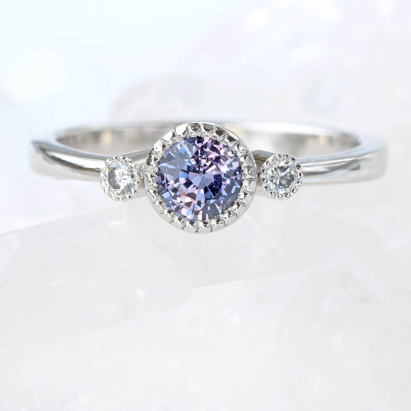 Platinum Purple Sapphire & Diamond Milgrain Engraved Trilogy Engagement Ring