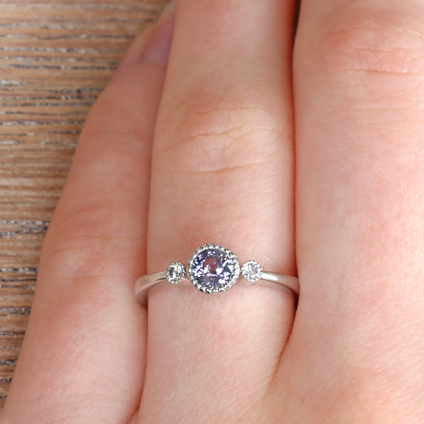 Platinum Purple Sapphire & Diamond Milgrain Engraved Trilogy Engagement Ring