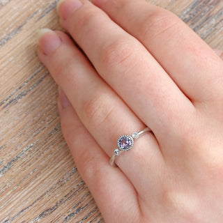 Platinum Purple Sapphire & Diamond Milgrain Engraved Trilogy Engagement Ring