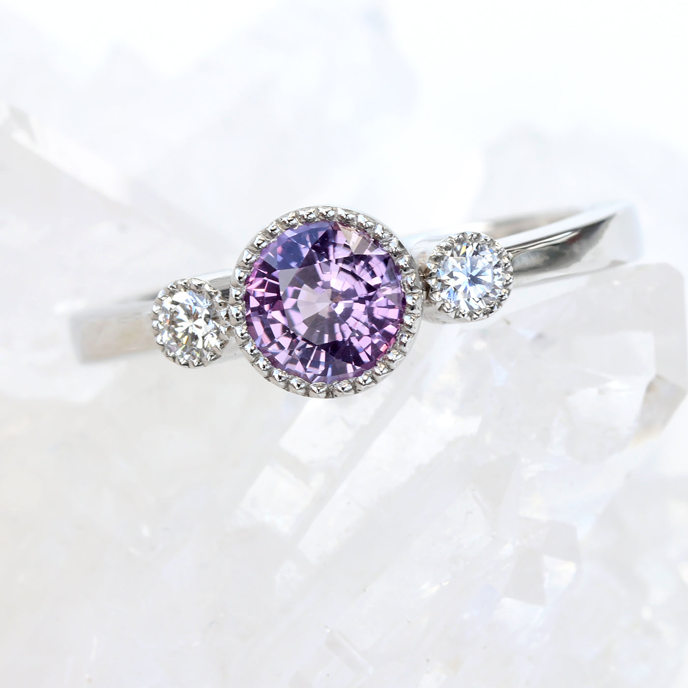 Platinum Purple Sapphire and Diamond Trilogy Engagement Ring