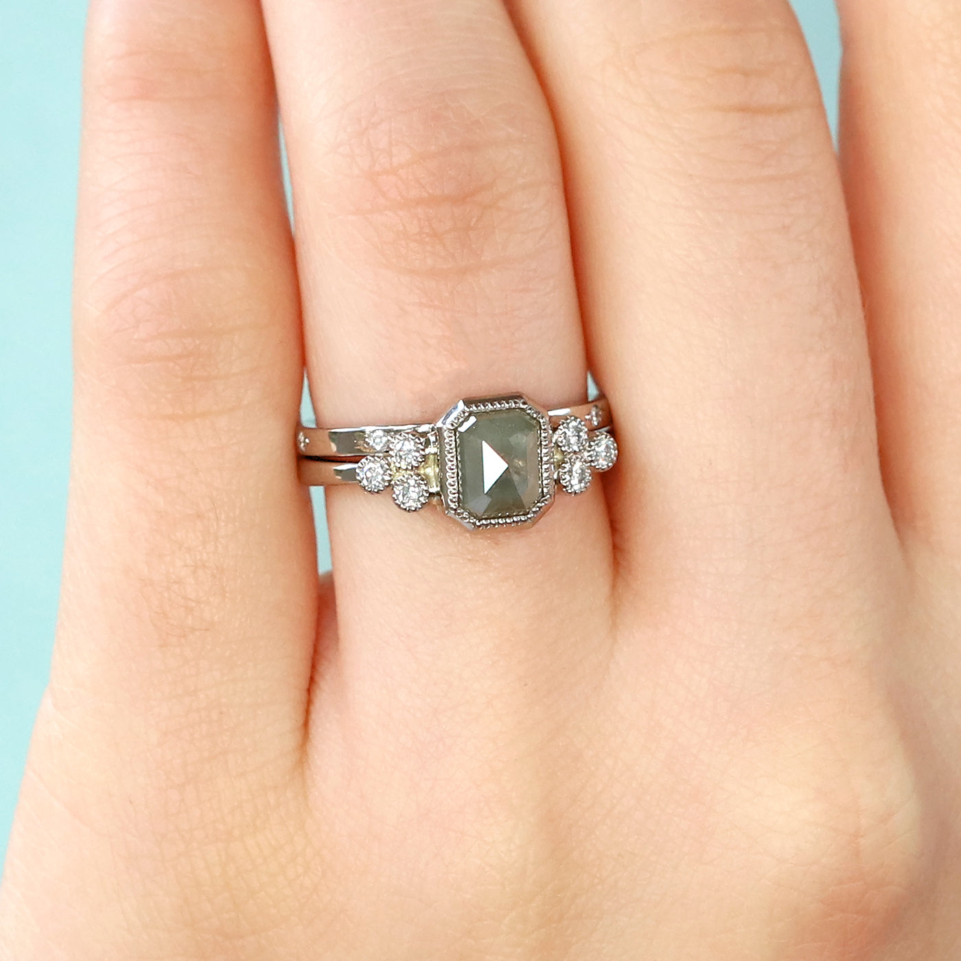 18ct White Gold Emerald Shape, Rose Cut Diamond Engagement Ring