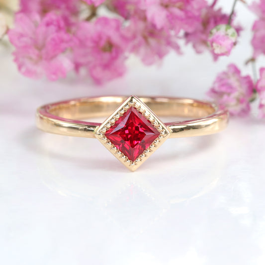 18ct Rose Gold Princess Cut Ruby Solitaire Ring (Size L, Resize K - M)