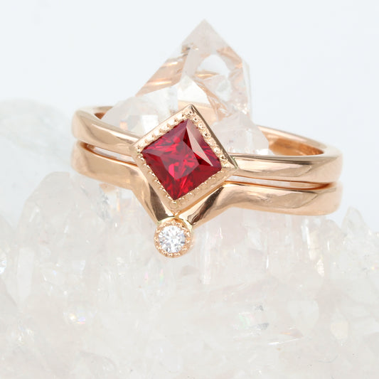 Rose Gold Princess Cut Ruby Solitaire & Diamond Wishbone Bridal Set