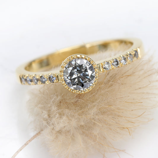 18ct Gold Salt & Pepper Milgrain Solitaire Diamond Engagement Ring with Pavé Band