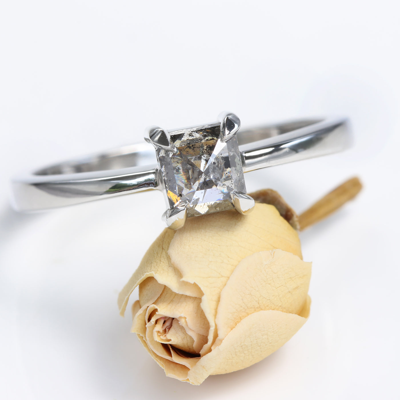 Octagonal Salt & Pepper Diamond Claw Set Solitaire Engagement Ring