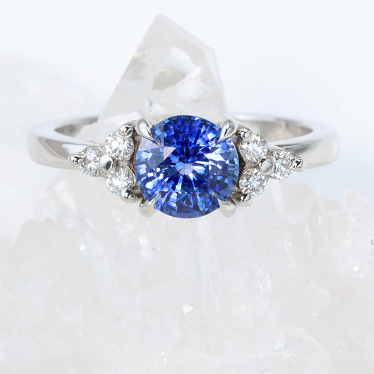 Platinum Claw Set Sapphire and Diamond Cluster Engagement Ring
