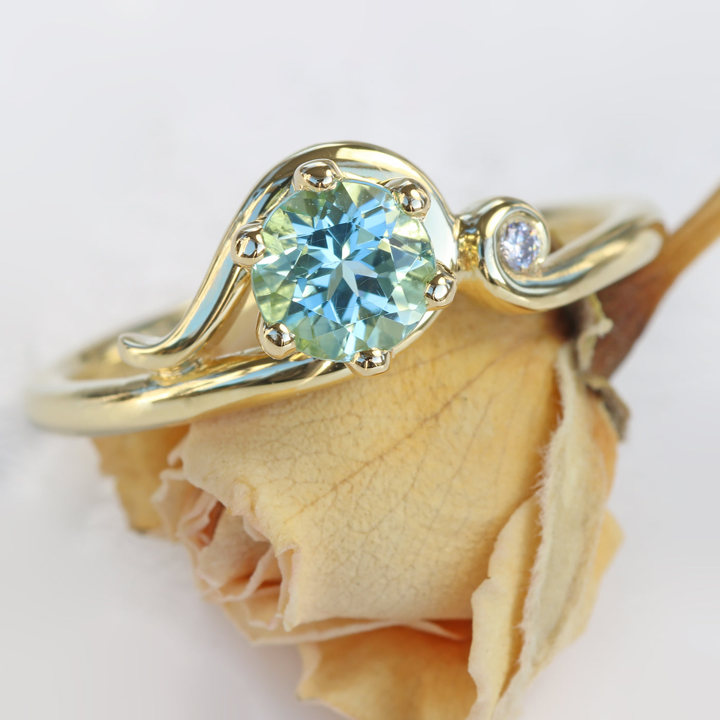 18ct Gold Seafoam Tourmaline & Diamond Art Nouveau Inspired Ring