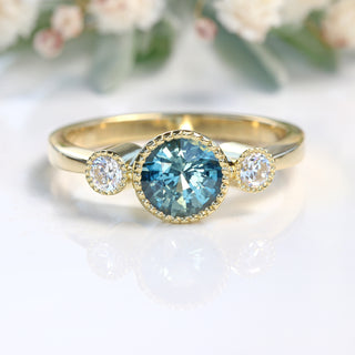 Bespoke Kerensa 18ct Gold Teal Sapphire & Diamond Trilogy Engagement Ring