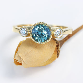 Bespoke Kerensa 18ct Gold Teal Sapphire & Diamond Trilogy Engagement Ring