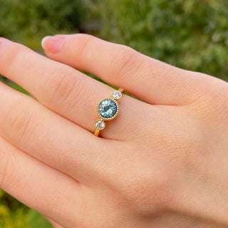 Bespoke Kerensa 18ct Gold Teal Sapphire & Diamond Trilogy Engagement Ring