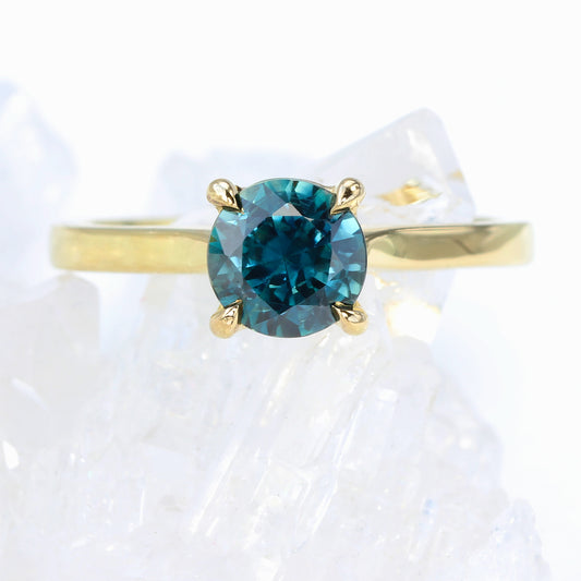 18ct Gold Dark Teal Parti Sapphire Claw Set Solitaire Engagement Ring