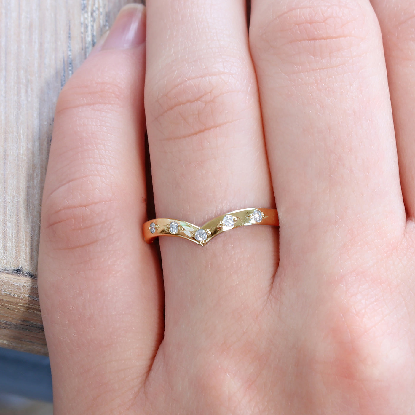 18ct Rose Gold Bead Set Diamond Wishbone Wedding Ring