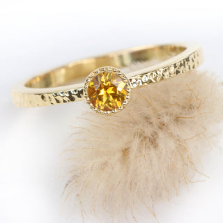 Custom 18ct Gold Yellow Sapphire Hammered Band Solitaire Engagement Ring